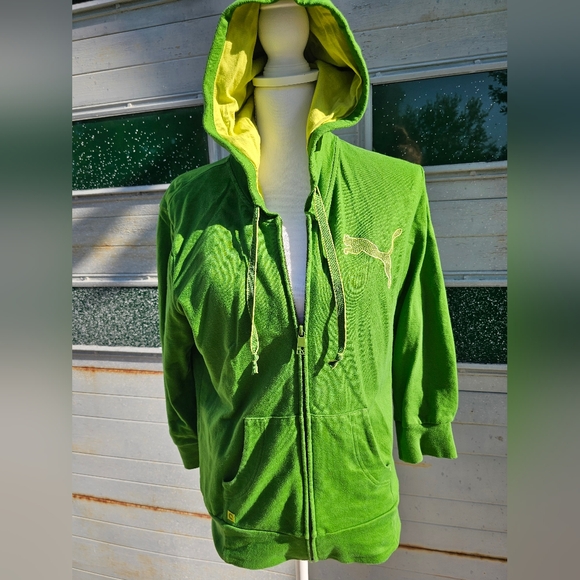 Puma Womens Hoodie Size M Green Full Zip Kangaroo Pocket 3/4 Sleeve Activewear - Picture 1 of 9